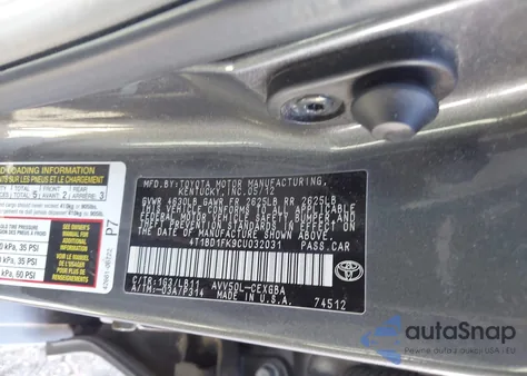 2012 Toyota Camry Hybrid Xle z USA, uszkodzony, nr VIN 4T1BD1FK9CU032031